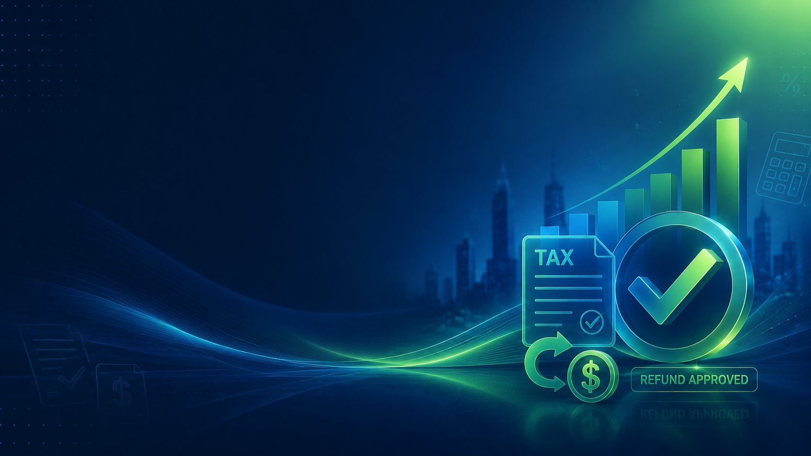 Tax return approved concept with document, checkmark, dollar sign, and upward trending bar chart on blue digital background
